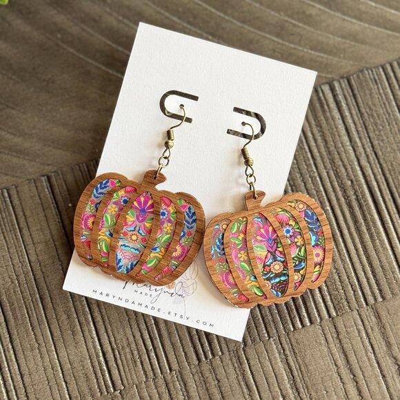 Layered Pumpkin Earrings - Spanish Floral Acrylic and Wood - Autumn Statement - Picture 1 of 2